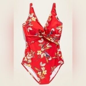 Old Navy Petite 2XL Red One Piece Floral Swimsuit Twist Front P2XL XXL Swim